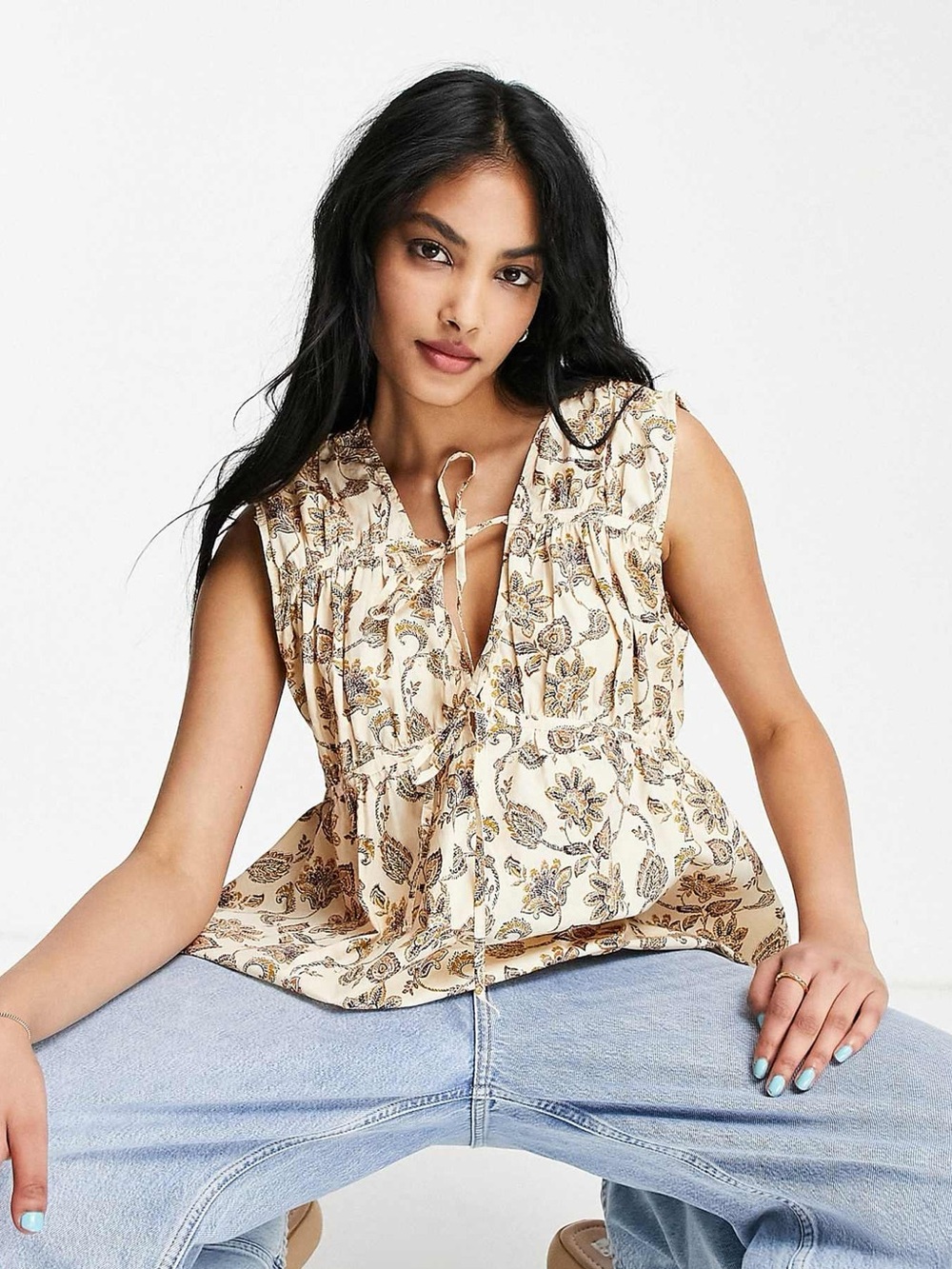 MANGO Floral Tie-Front Sleeveless Peplum Top